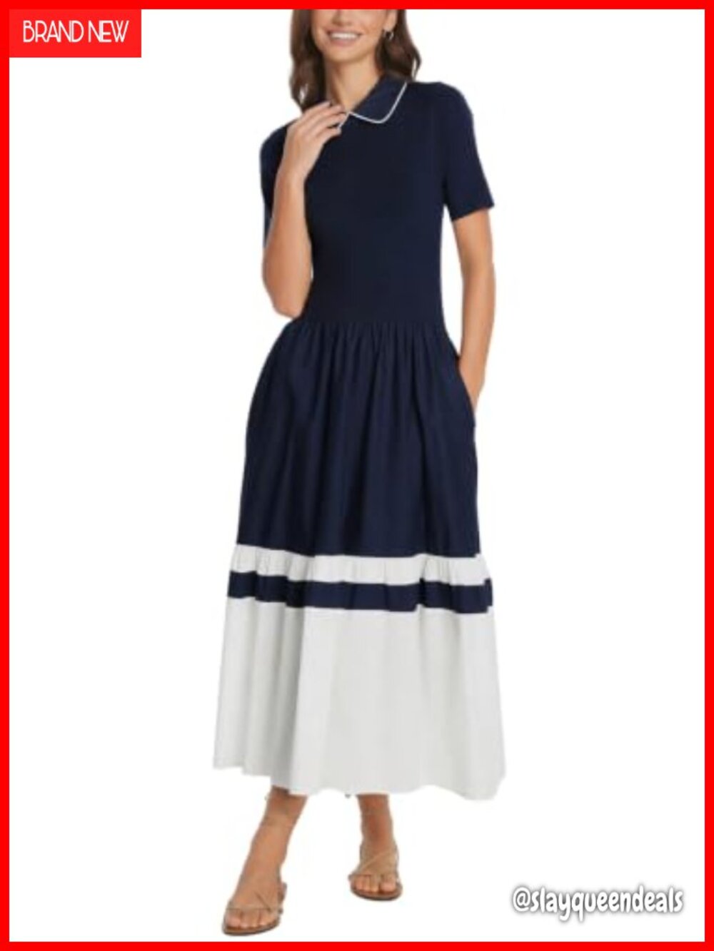 A-Line Midi Sweater Dress Short Sleeve Collared Business Casual Work